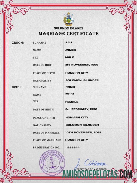 Realista modelo PSD de certidão de casamento nas Ilhas Salomão